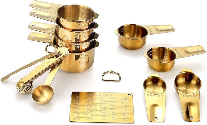 Gold Measuring Cups and Spoons Set (19PCS Set - Golden Plated), 8 Measuring Cups, 9 Measuring Spo... | Amazon (US)