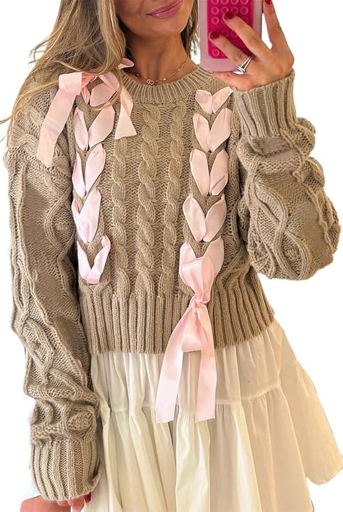 Women Ribbon Sweater Long Sleeve Crewneck Cable Knit Crop Pullover Sweaters Coquette Lace Up Bow ... | Amazon (US)