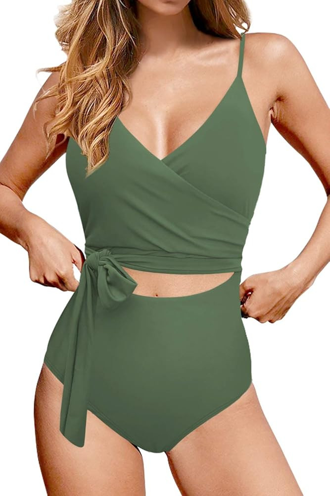 Upopby Women's Sexy One Piece Swimsuits Cut Out Monokini V Neck Wrap Criss Cross Swimwear High Waist | Amazon (US)