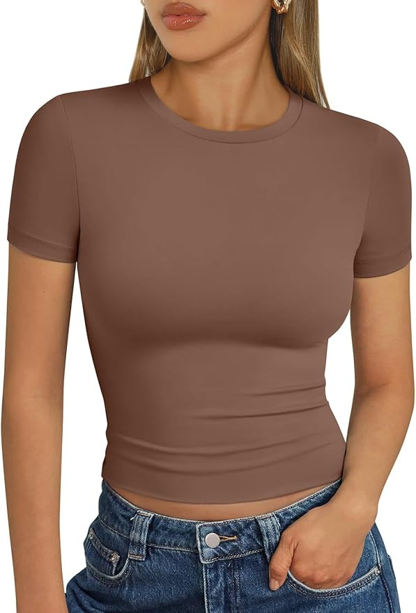 Trendy Queen Womens Short Sleeve T Shirts Summer Crop Tops Basic Slim Fit Gym Workout Y2k Clothes | Amazon (US)