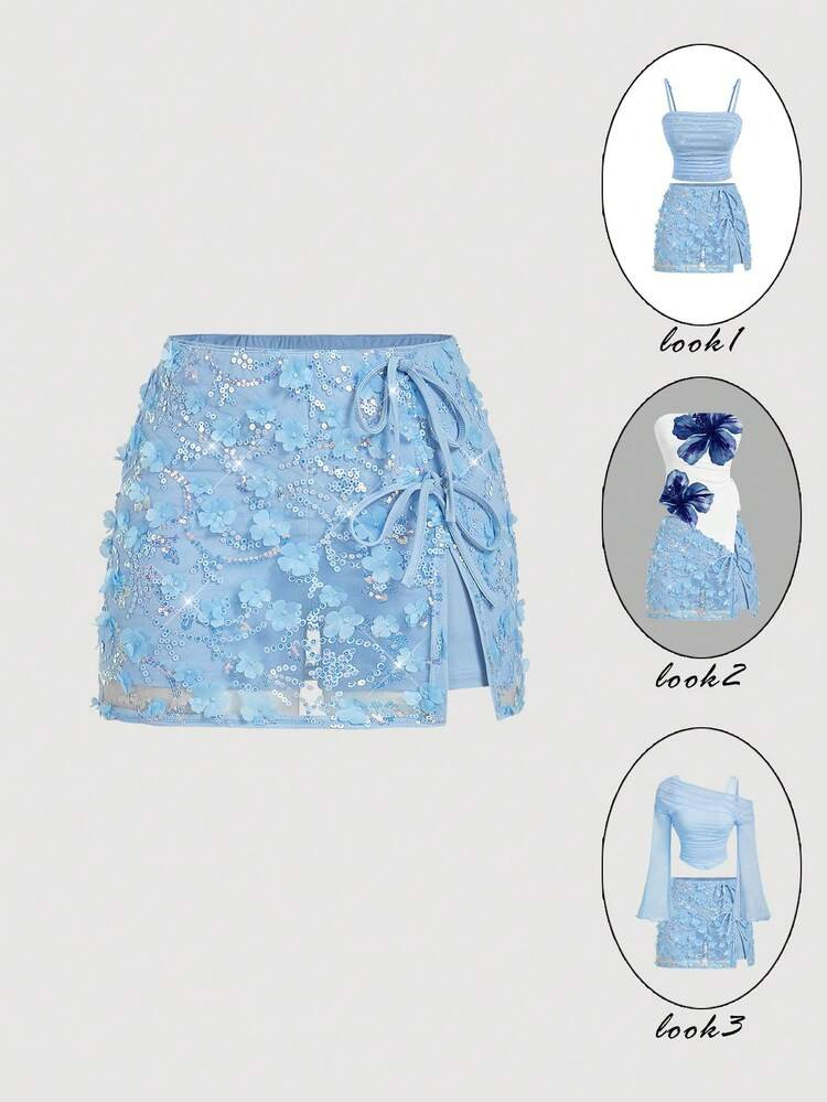 SHEIN MOD Light Blue Mesh Fabric Mini Skirt, Sequin Embellishments, 3D Floral Appliques, Side Tie... | SHEIN