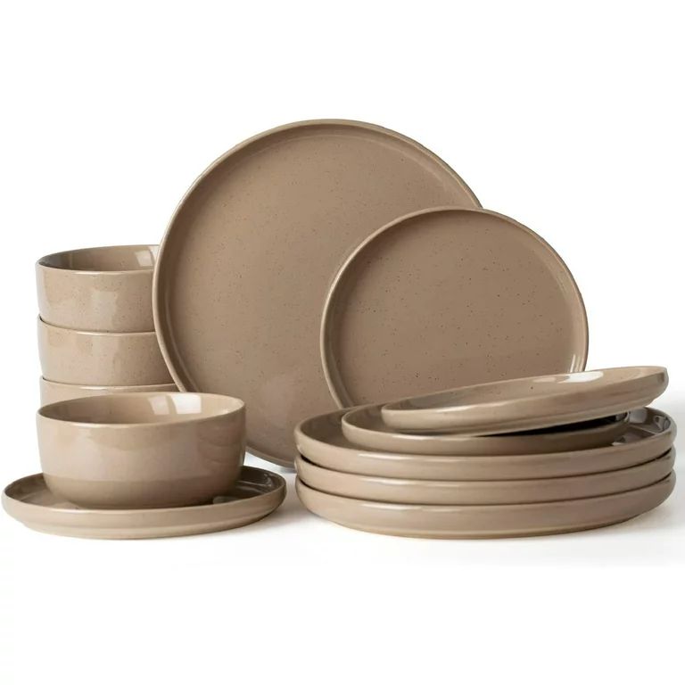 Famiware Plates and Bowls Set, 12 Piece Stoneware Dinnerware Sets, Brown | Walmart (US)