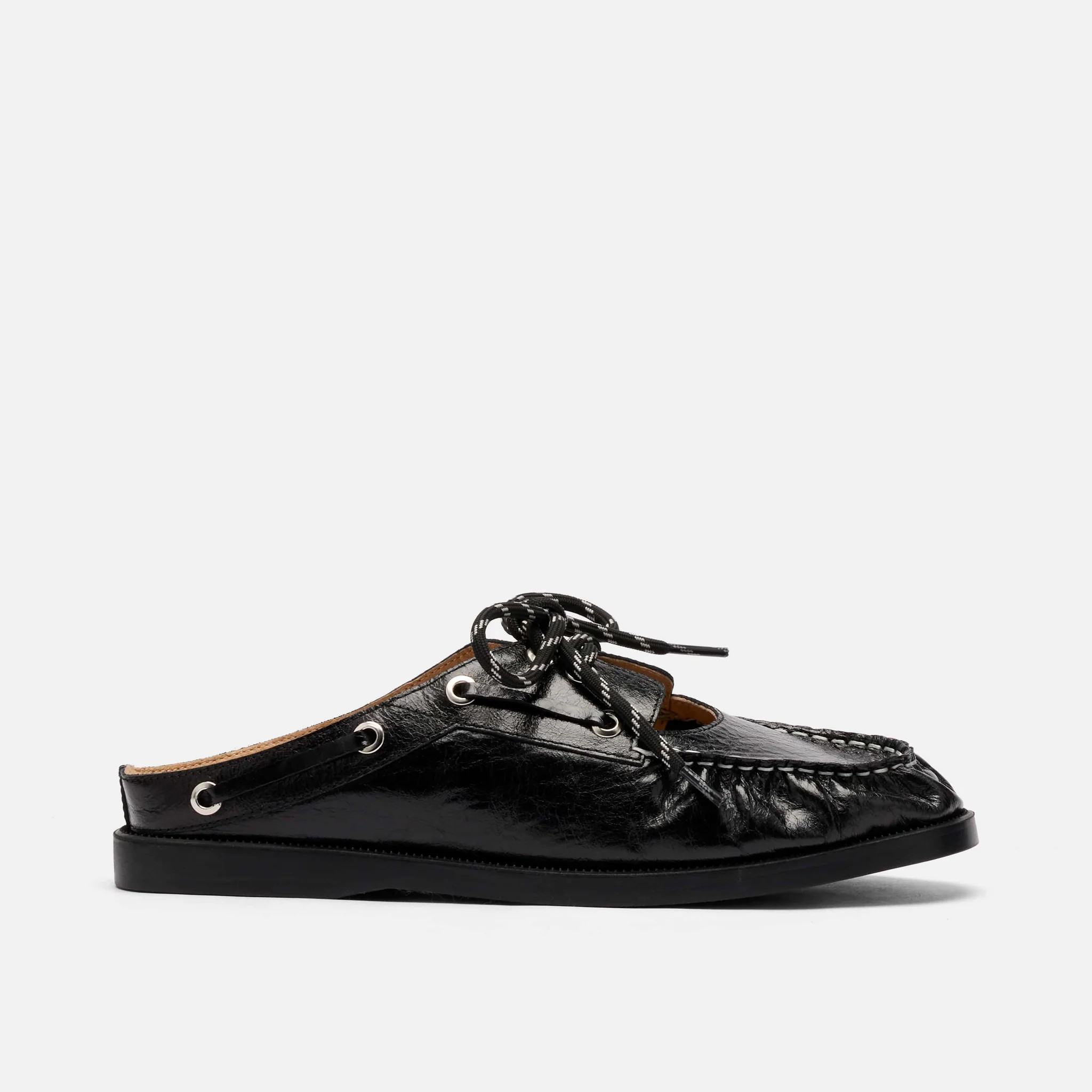 Selene Black Pleated Leather Boat Shoe Mules | Marc Nolan