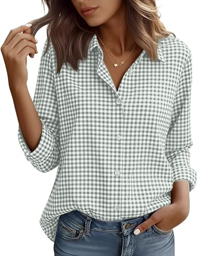 HOCAIES Long Sleeve Gingham Button Down Shirts for Women Basic Plaid Casual Office Work Blouses Collared Shirt Green and White Plaid L | Amazon (US)