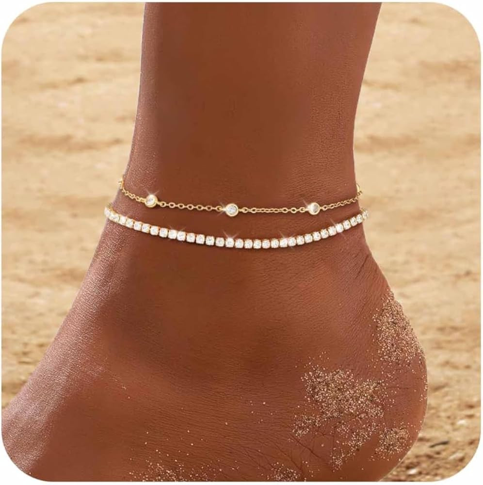 Gold Silver Anklets for Women CZ Ankle Bracelet 14K Gold Plated Waterproof Layered Stackable Tenn... | Amazon (US)