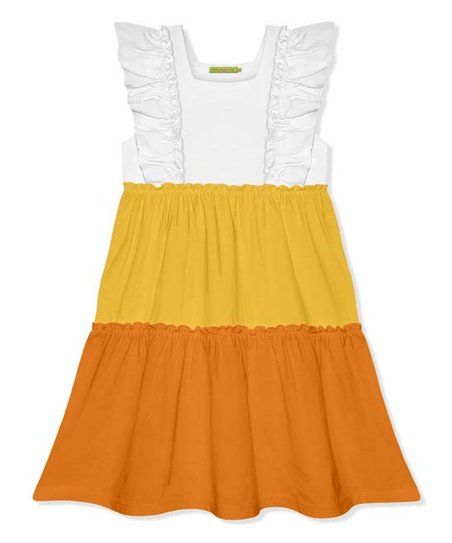 Yellow &amp; Orange Ruffle Square Neck Tiered A-Line Dress - Infant, Toddler &amp; Girls | Zulily