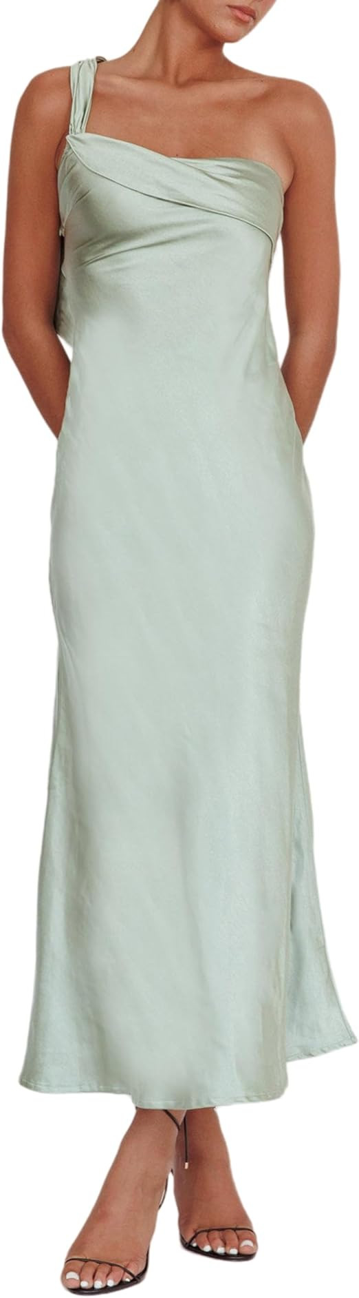 2026 Satin One Shoulder Maxi Dress for Women Summer Silk Formal Elegant Backless Ruffle Sleeveles... | Amazon (US)