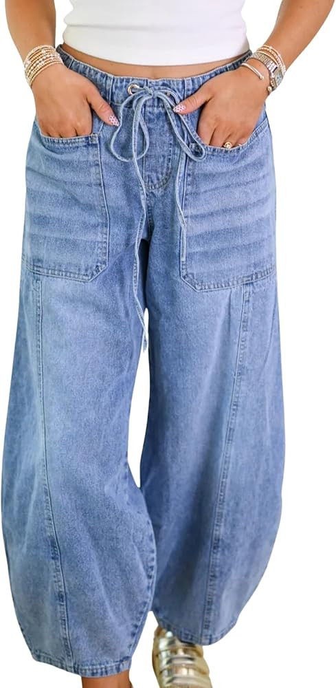 Women Stretch Drawstring High Waisted Jean Loose Wide Leg Baggy Barrel Denim Pants | Amazon (US)