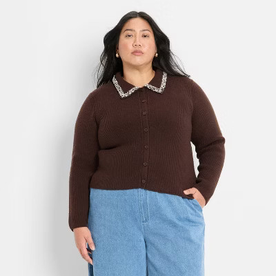 Women's Embellished Collar Cardigan Sweater - Future Collective Dark Brown 1X | Target