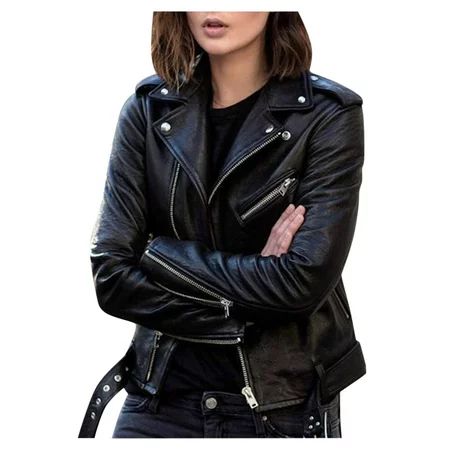 Dadaria Cropped Leather Jacket Women Cool Faux Leather Jacket Long Sleeve Zipper Fitted Coat Fall Sh | Walmart (US)