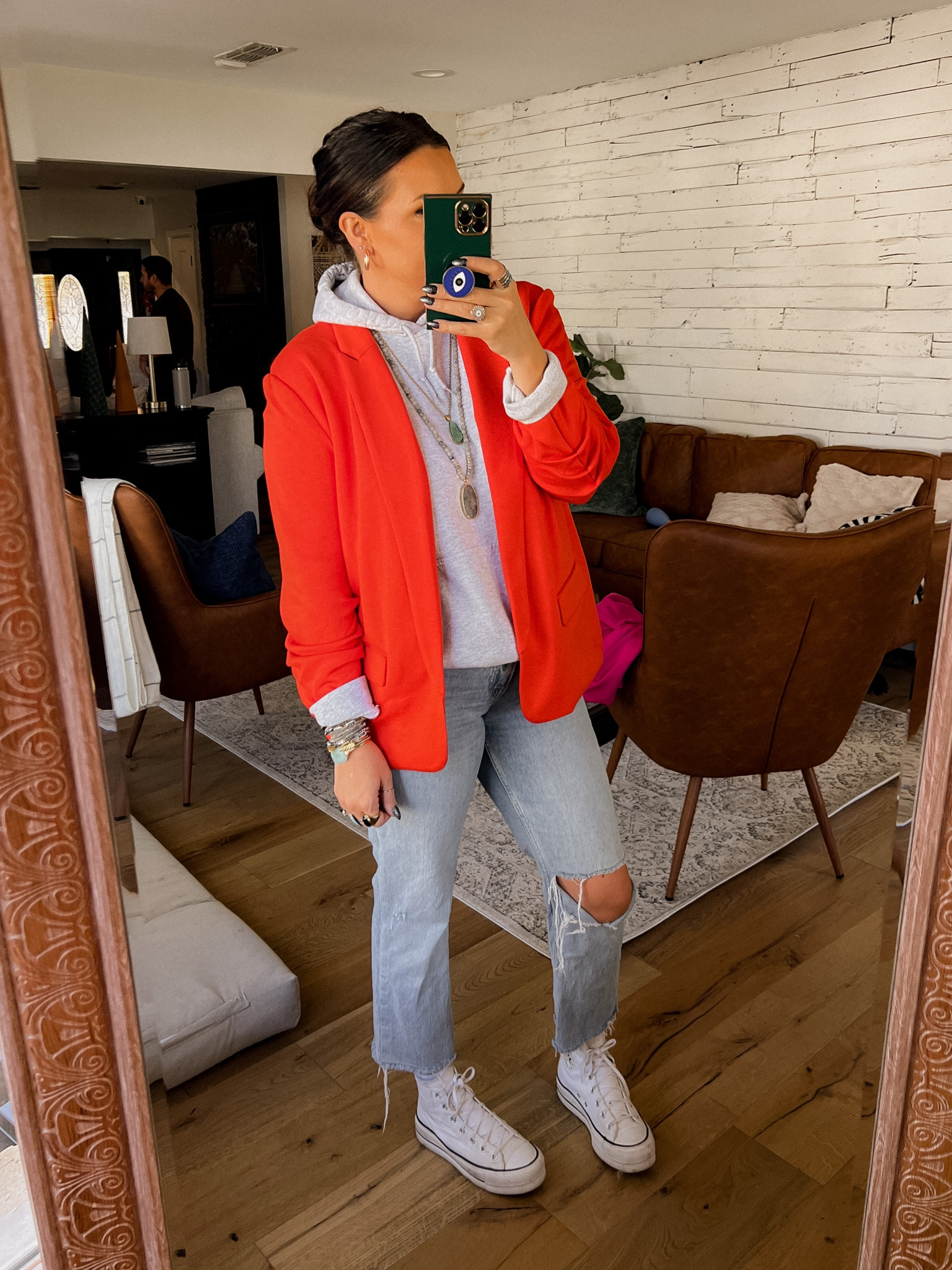 Walmart elevated hoodie look. 
Hoodie: Medium (men’s)
Blazer: XL
Jeans: True size 10, no stretch, and I cut about 2” off the bottom 
Shoes: True to size  

#LTKshoecrush #LTKunder50 #LTKstyletip