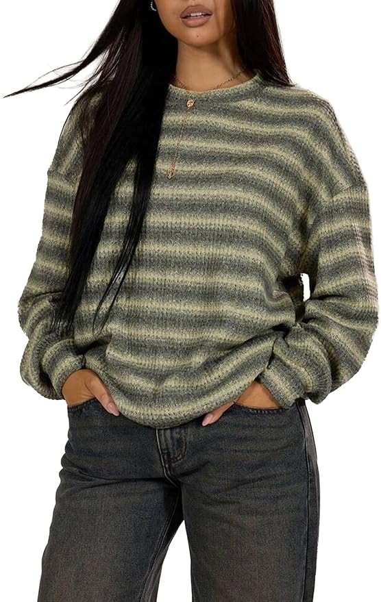 SHEWIN Womens Striped Pullover Sweater Waffle Loose Knit Long Sleeves Top | Amazon (US)