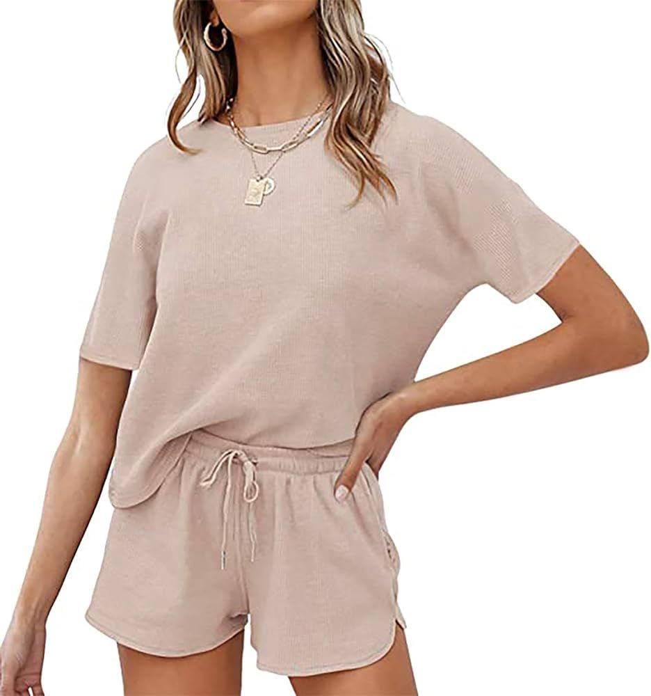 wkwmrpet Women's Waffle Knit Pjs Short Sleeve Top and Shorts Pullover Nightwear Lounge Pajama Set... | Amazon (CA)
