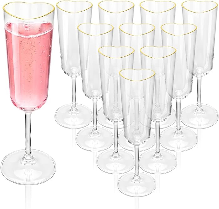12 Pcs Valentine's Day Heart Shape Plastic Champagne Flute Glasses with Gold Rim Gift Set 5 oz El... | Amazon (US)
