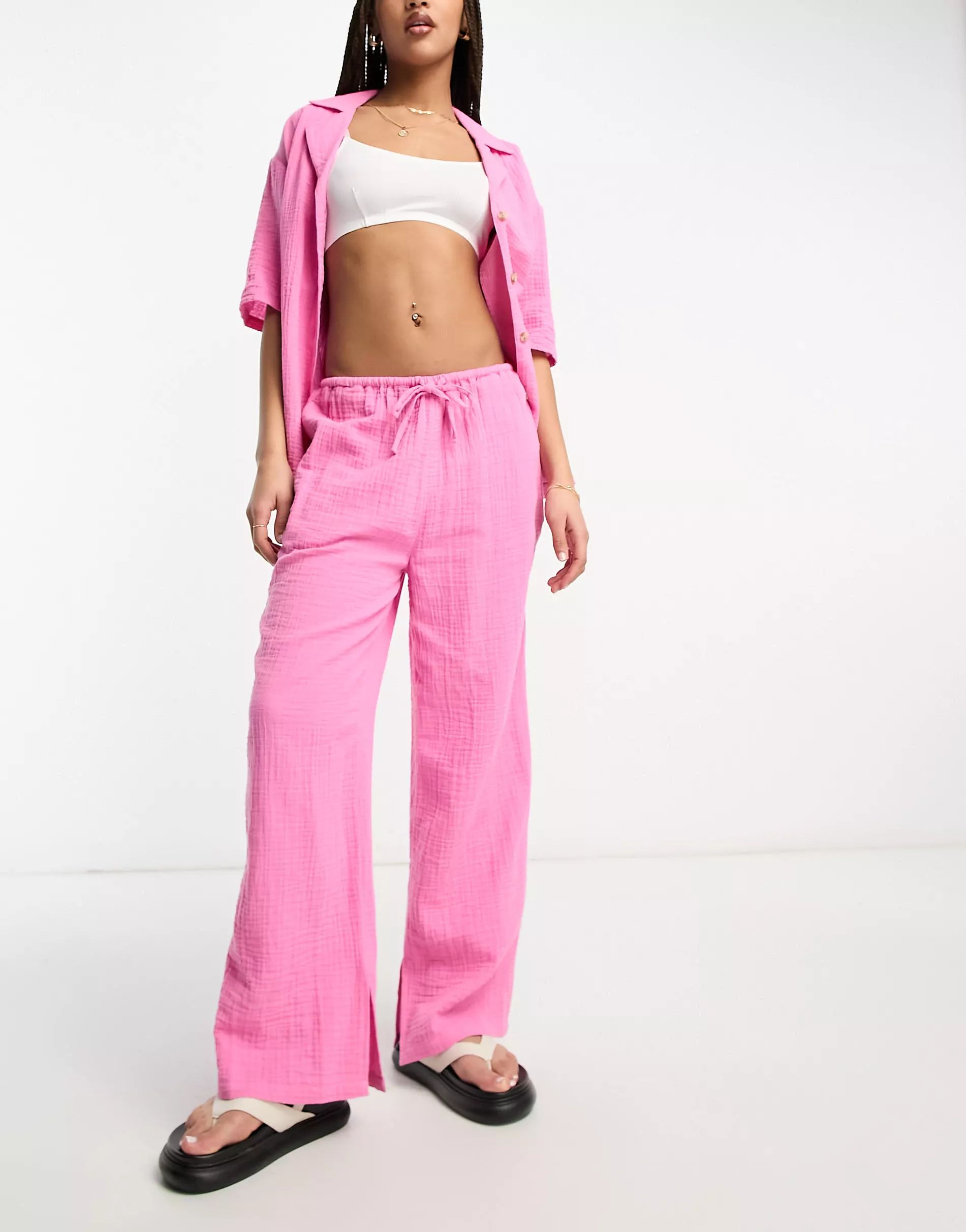 ASOS DESIGN cheesecloth pull on pants in pink - part of a set | ASOS (Global)