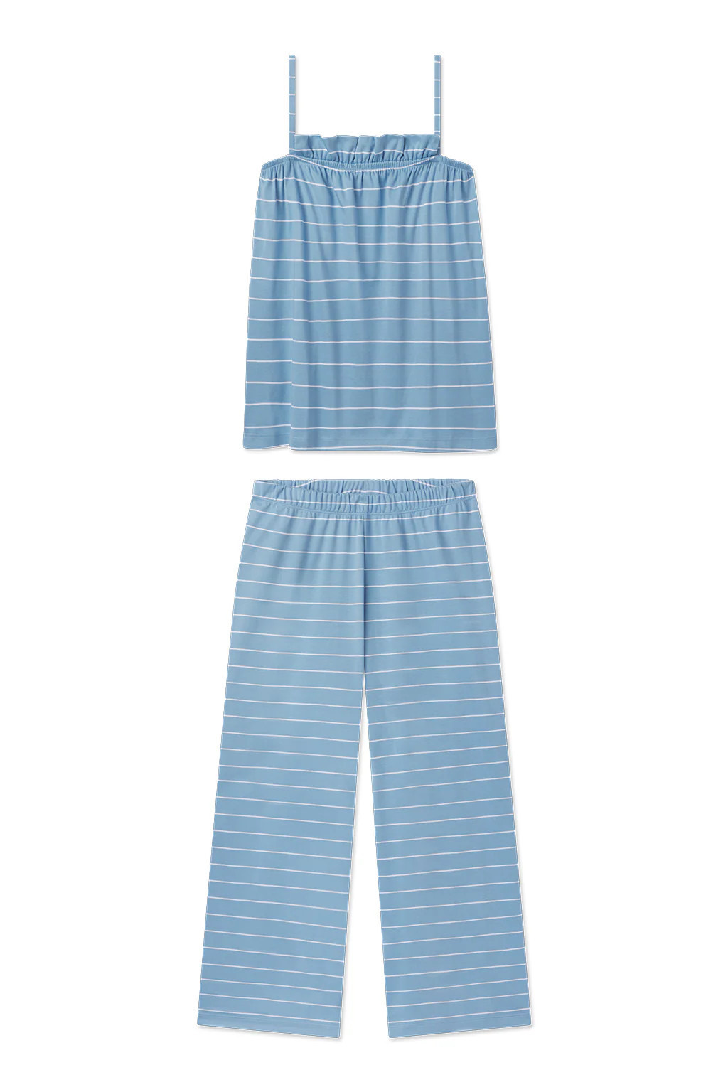 Pima Ruffle Pants Set in Serene Blue Boating Stripe | Lake Pajamas