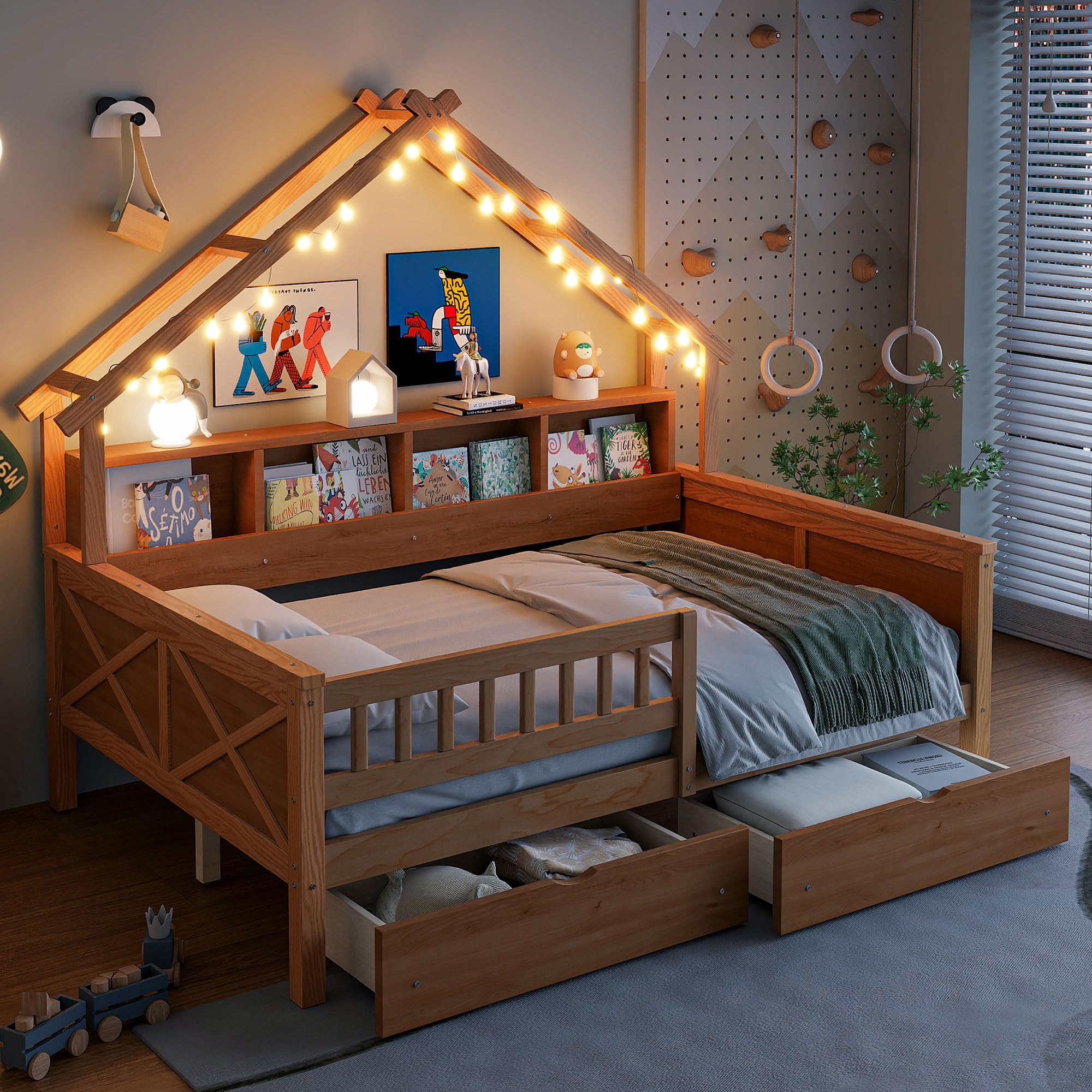 Merax Full Size House Platform Bed with LED Lights, Storage Shelves & Drawers - Bed with Guardrail, Sturdy Pine Wood & MDF Frame, Natural | Amazon (US)
