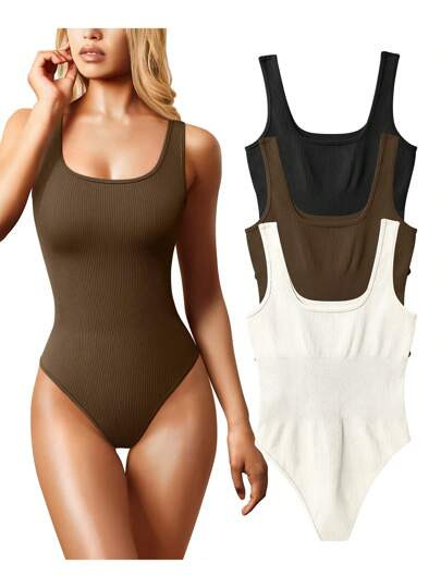 Women's 3 Pieces Bodysuits Sexy Ribbed Sleeveless Square Neck Tank Tops Leotard 2025 Outfits | SHEIN