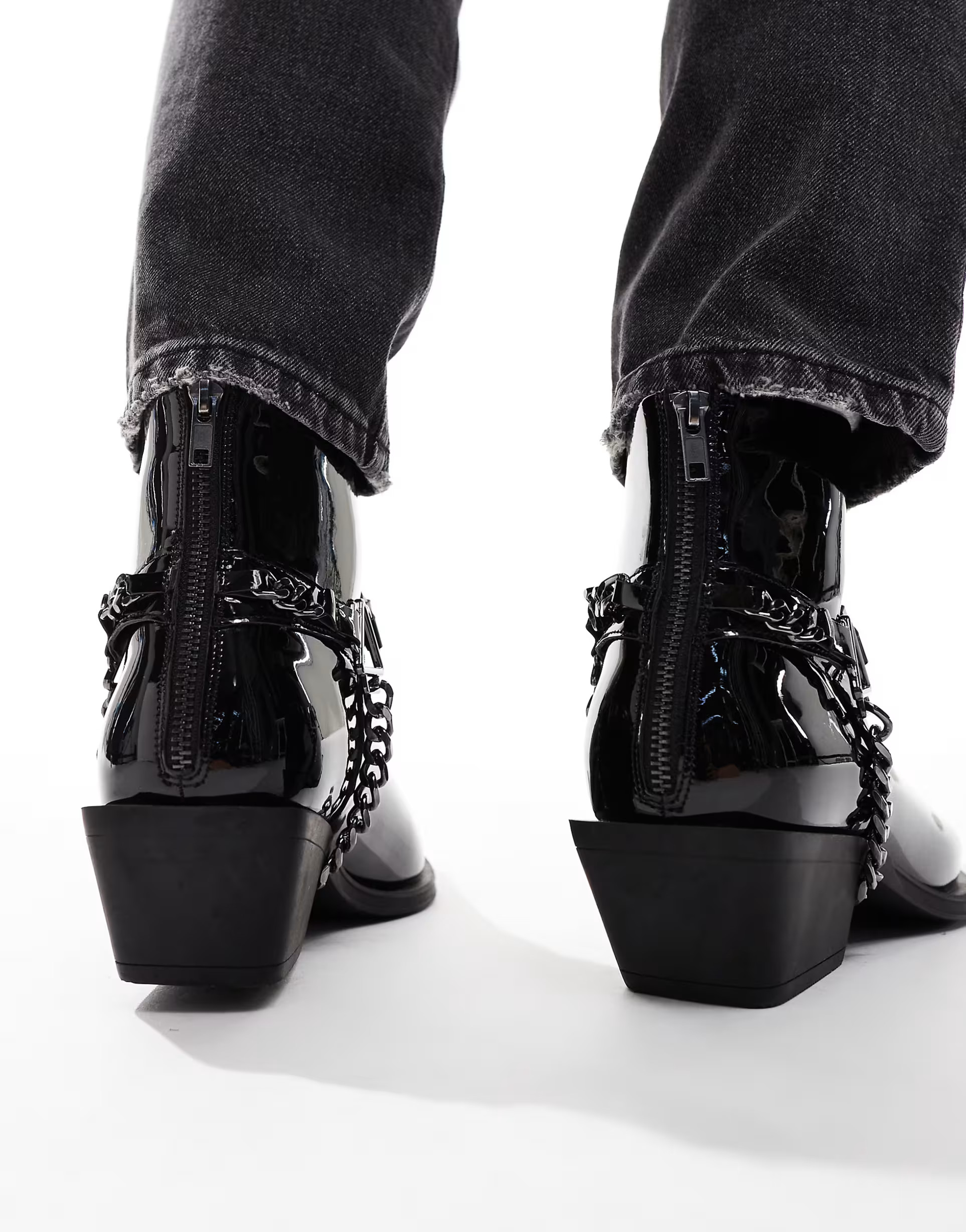 ASOS DESIGN cuban heeled boots in black faux leather with chain detailing | ASOS | ASOS (Global)