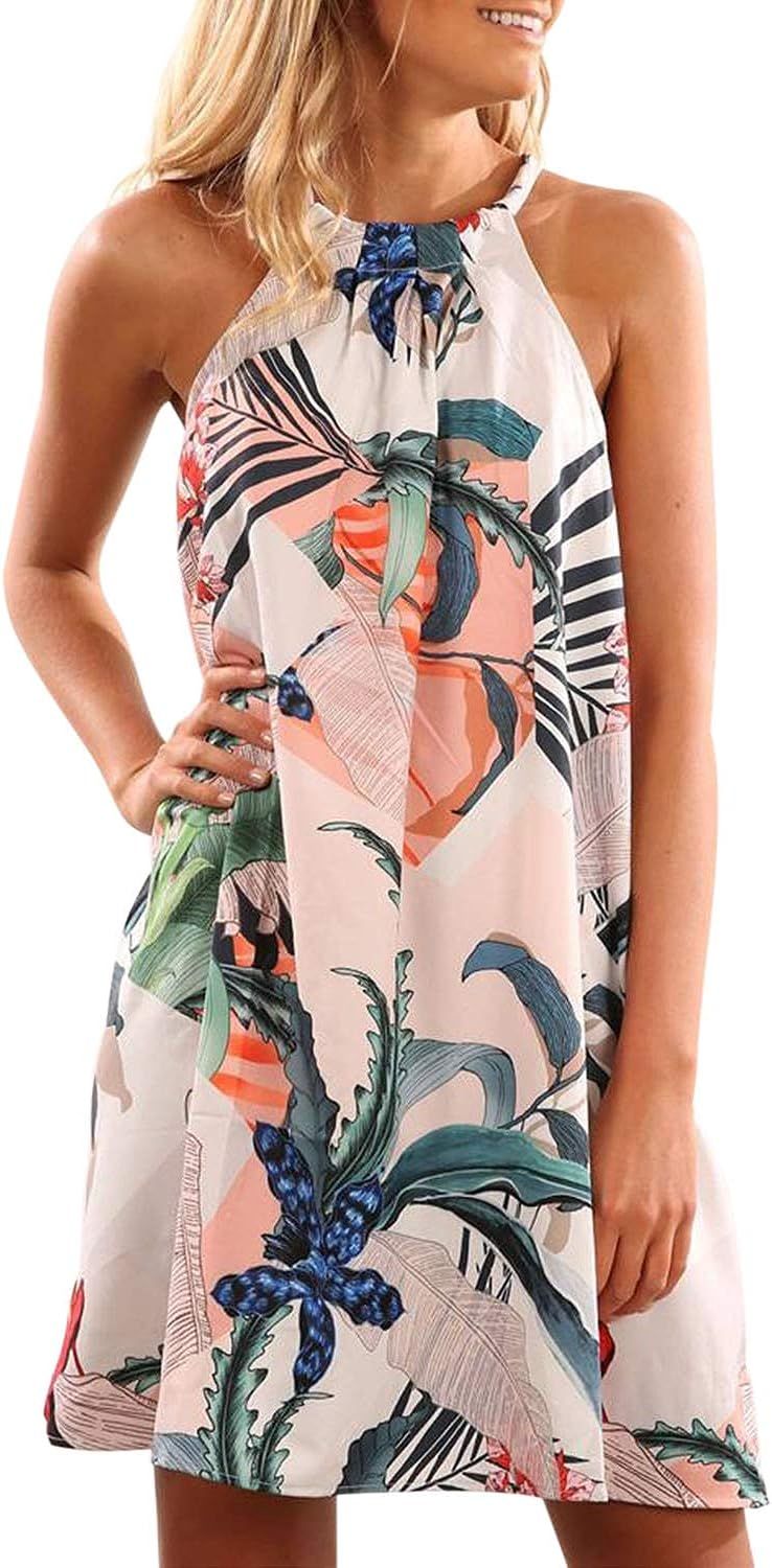Fronage Women's Casual Sleeveless Floral Mini Dress Summer Beach Halter Neck Dresses | Amazon (US)