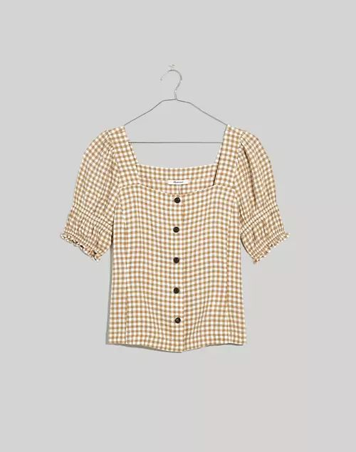 Linen-Blend Square-Neck Puff-Sleeve Top in Gingham Check | Madewell