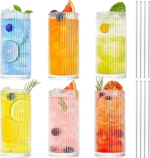 Drinking Glasses, Origami Style 6 pcs Glass Cups with straw, 12oz Highball Glasses, Elegant Rippl... | Amazon (US)