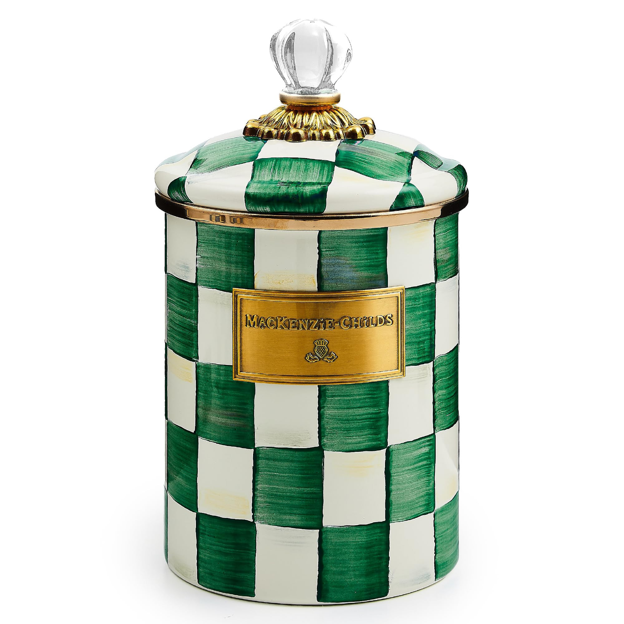MACKENZIE-CHILDS Medium Enamel Canister, Kitchen Storage Container with Lid, Green-and-White Emerald Check | Amazon (US)