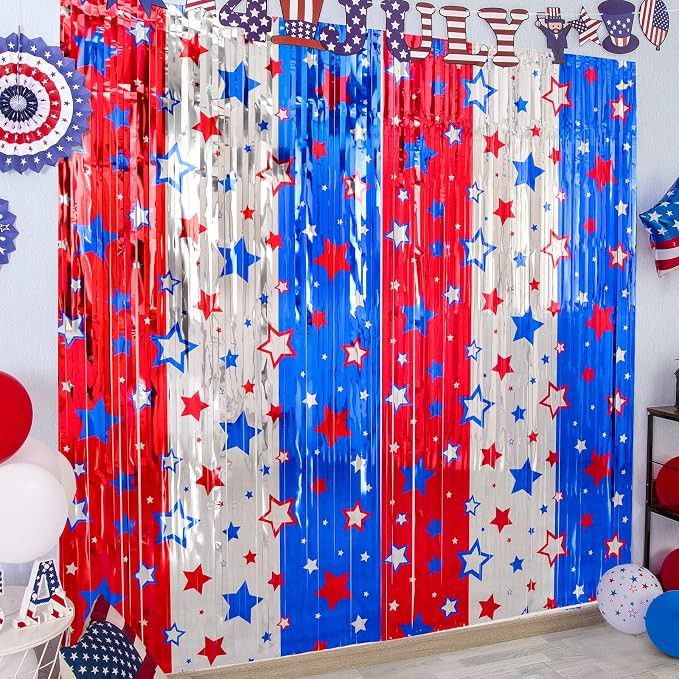 LOLStar 4th of July Decorations, Red White Blue 3 Pack America Star Tinsel Foil Fringe Curtains, ... | Amazon (US)