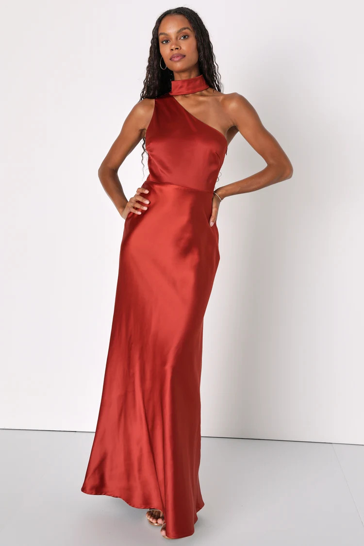 Intriguing Essence Rust Satin Asymmetrical Halter Maxi Dress | Lulus