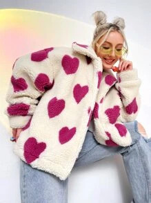 Heart Pattern Drop Shoulder Fleece Jacket SKU: sw2107054791122078(1000+ Reviews)$33.00Make 4 paym... | SHEIN