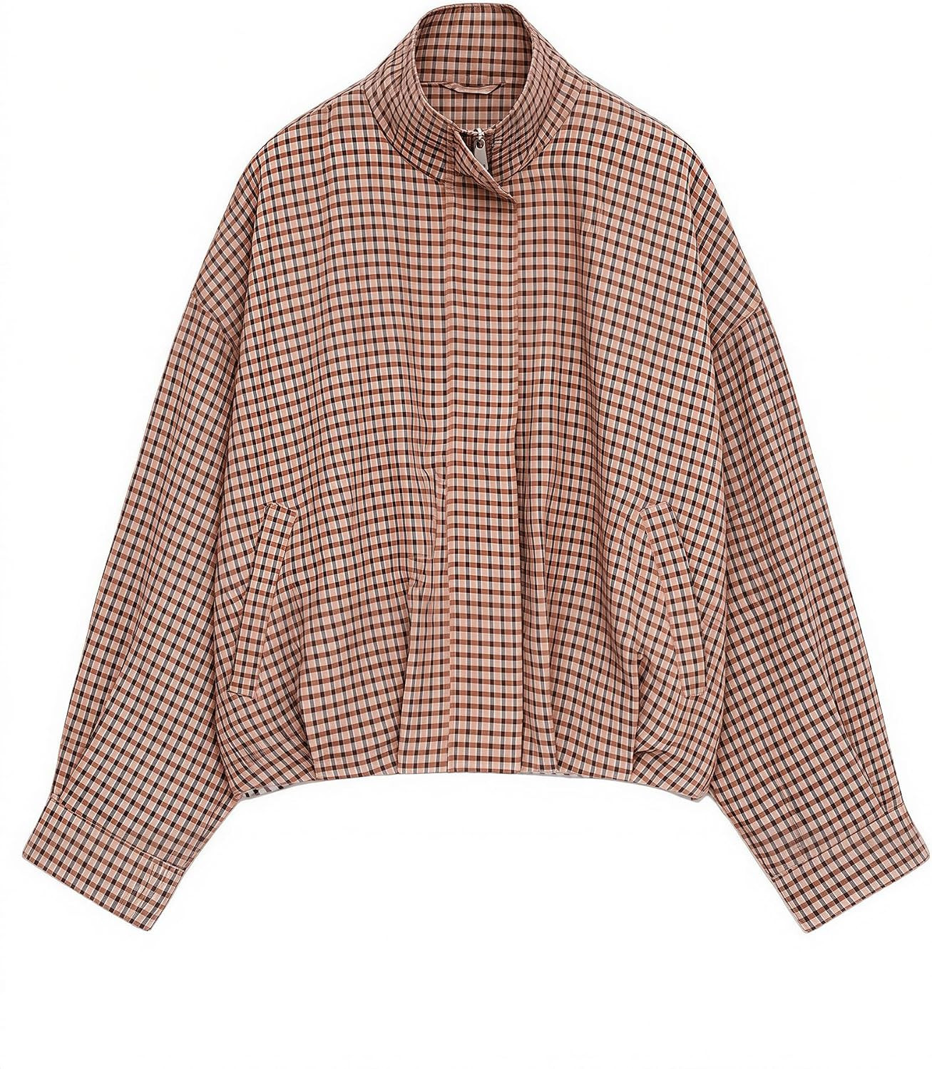 Womens Plaid Jacket Bomber Stand Collar Zip Up Coat with Pockets | Amazon (US)