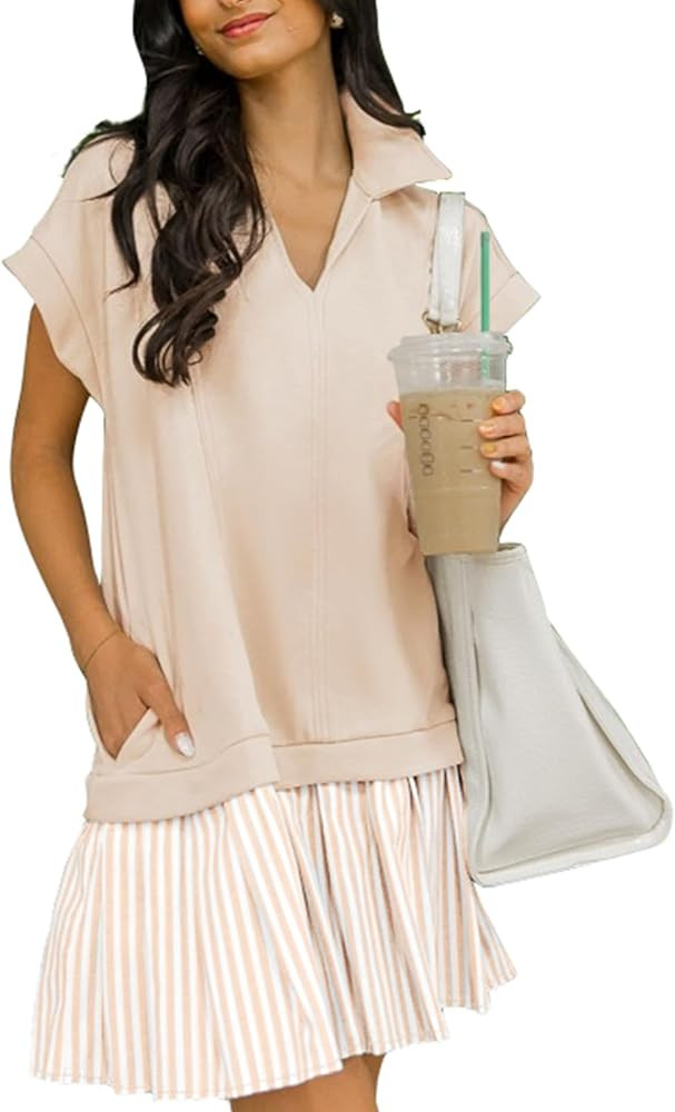 Women's V Neck Short Sleeve Summer Dress Patchwork Cap Sleeve Casual Loose Fit Pleated Striped Sh... | Amazon (US)