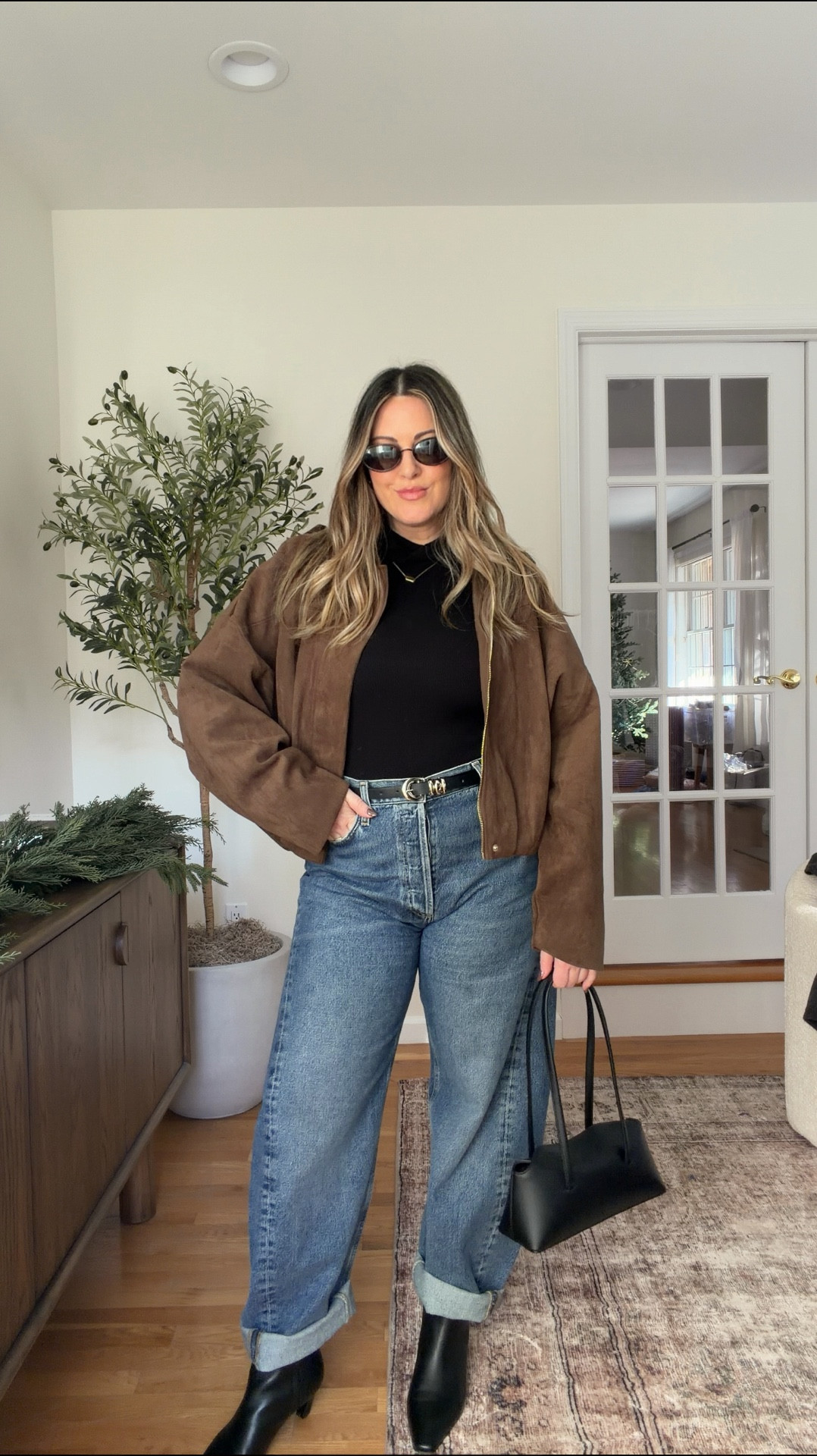 Easy elevated fall outfit idea! DANIELLE20 for 29% off boots  | Zara bomber, chocolate suede, barrel jeans, simple fall outfit, square toe boots, fall ootd

#LTKStyleTip #LTKSeasonal