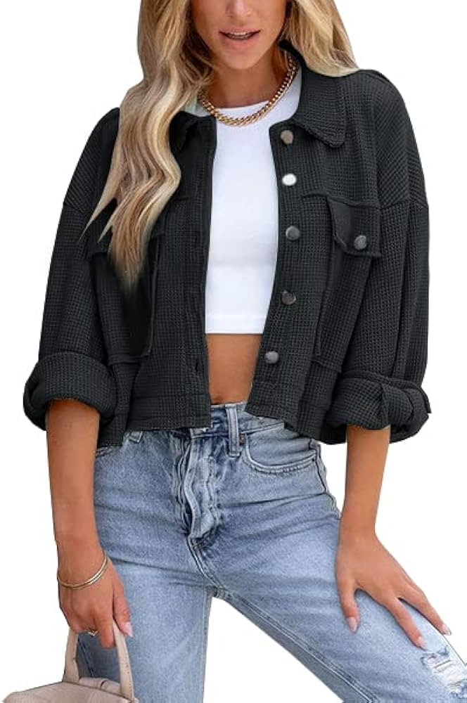 BZB Womens Waffle Knit Shacket Jackets Lightweight Cropped Shacket Long Sleeve Button Down Shirts | Amazon (US)