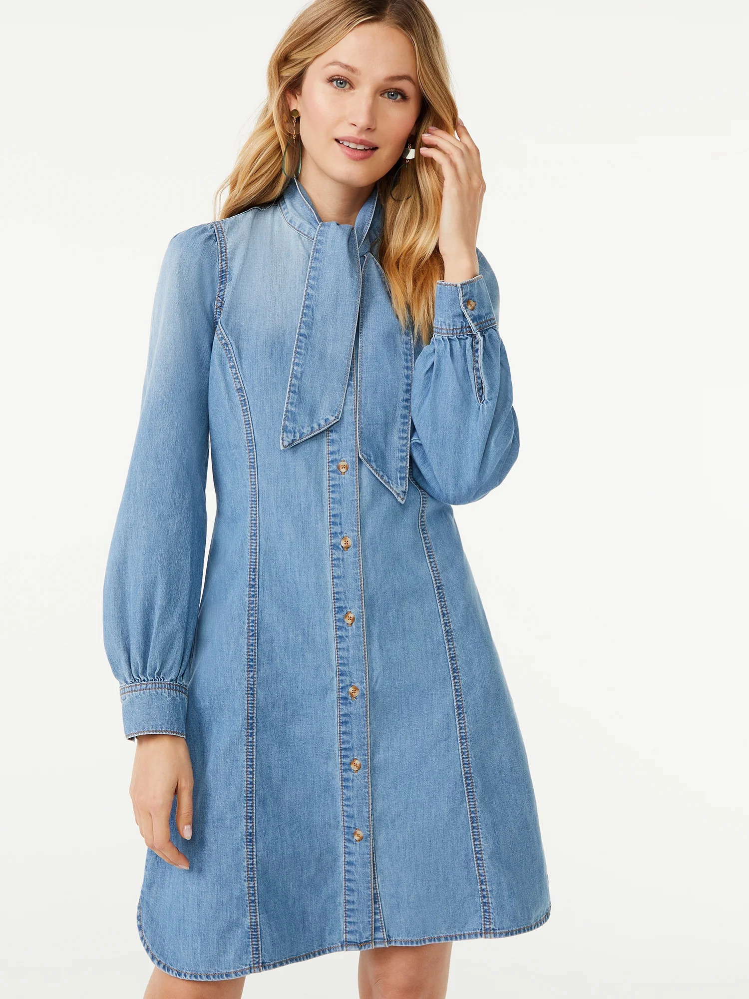 Scoop Women's Tie-Neck Denim Shirt Dress - Walmart.com | Walmart (US)