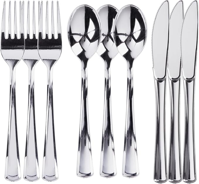300 Plastic Silverware Set, Silver Plastic Cutlery Set, Disposable Silverware Set | 100 Plastic F... | Amazon (US)