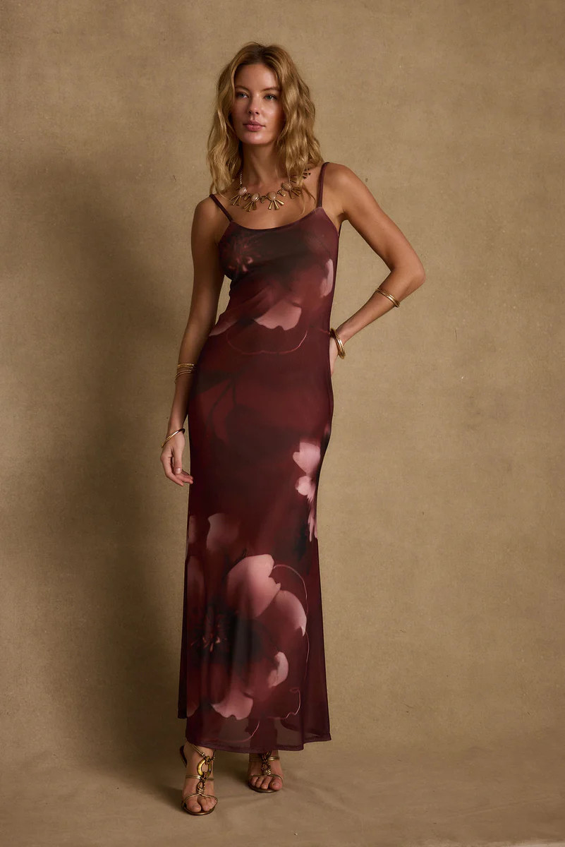 Amora Mulberry Floral Mesh Maxi Dress | 12th Tribe