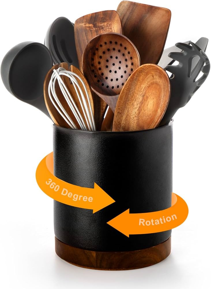 Nucookery 360°Rotating Utensil Holder, 7.2" Kitchen Utensil Crock, Ceramic Cooking Utensil Organ... | Amazon (US)