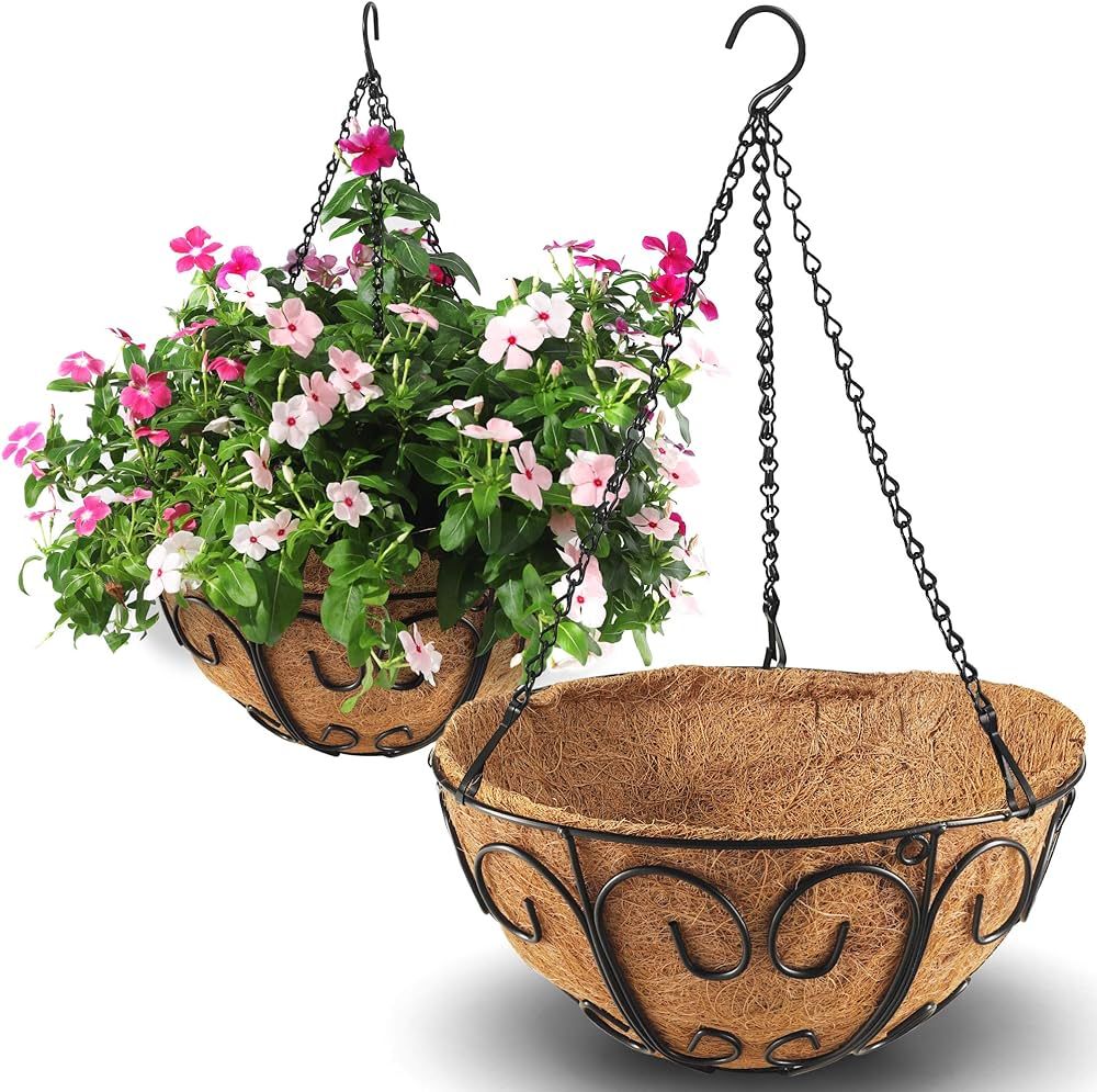 CABASAA 2 Pack Metal Hanging Planter Basket with Coco Coir Liner Chain Round Wire Plant Holder Fl... | Amazon (US)