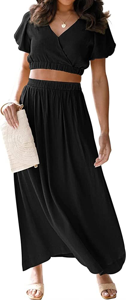 MEROKEETY Women's Summer Two Piece Outfits V Neck Puff Sleeve Crop Top and Flowy Maxi Skirt Set | Amazon (US)