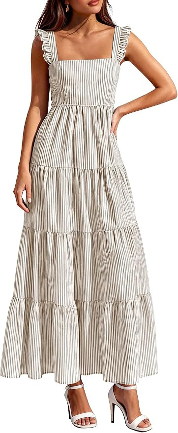 PRETTYGARDEN Women's Summer Striped Maxi Sun Dresses | Sleeveless Square Neck, Flowy Long, Back S... | Amazon (US)