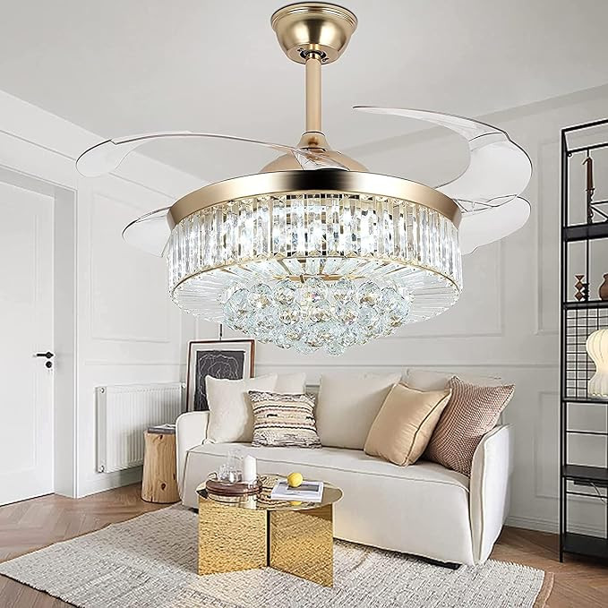 Invisible Chandelier Ceiling Fan Light,Modern Crystal Ceiling Fan Light Remote Control 4 Retracta... | Amazon (US)