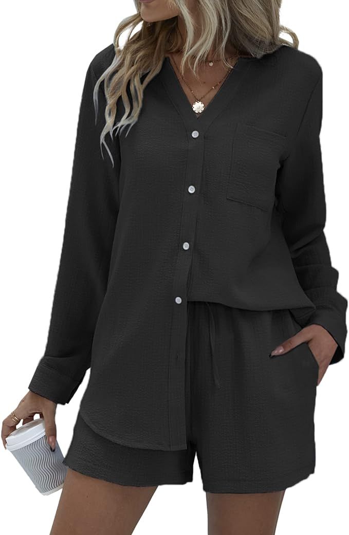 Ekouaer Women's Lounge Sets V Neck Button Down Shirt and Shorts 2 Piece Outfits Loungewear Pajama... | Amazon (US)
