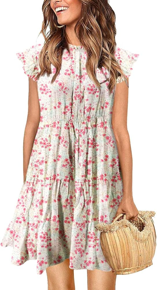 KIRUNDO Women’s Summer Dress Sleeveless Ruffle Sleeve Round Neck Mini Dress Solid Color Loose F... | Amazon (US)