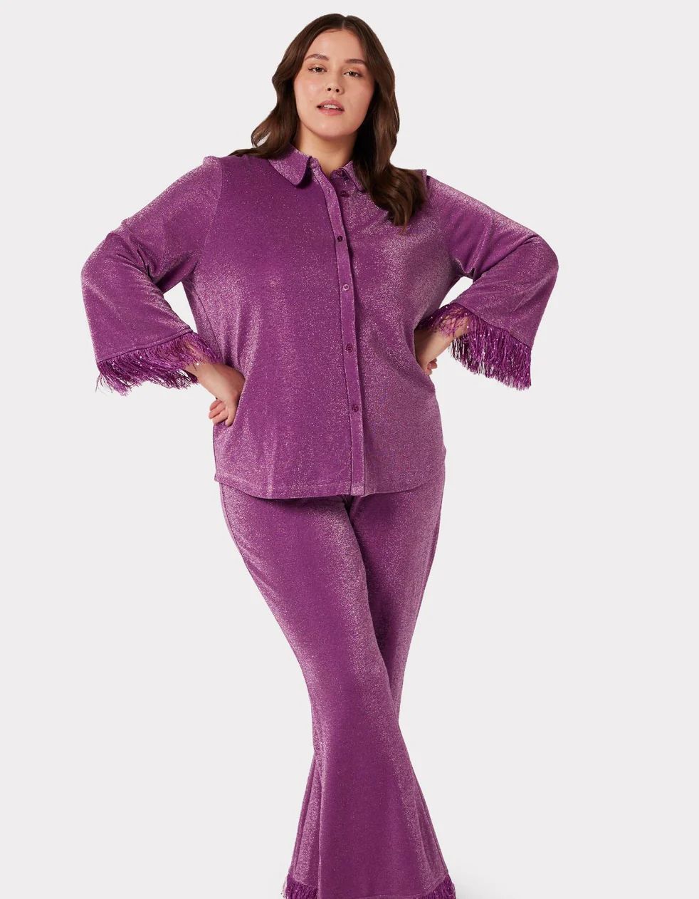 Purple Sparkle Fringe-Trim Long Pyjama Set | Chelsea Peers NYC