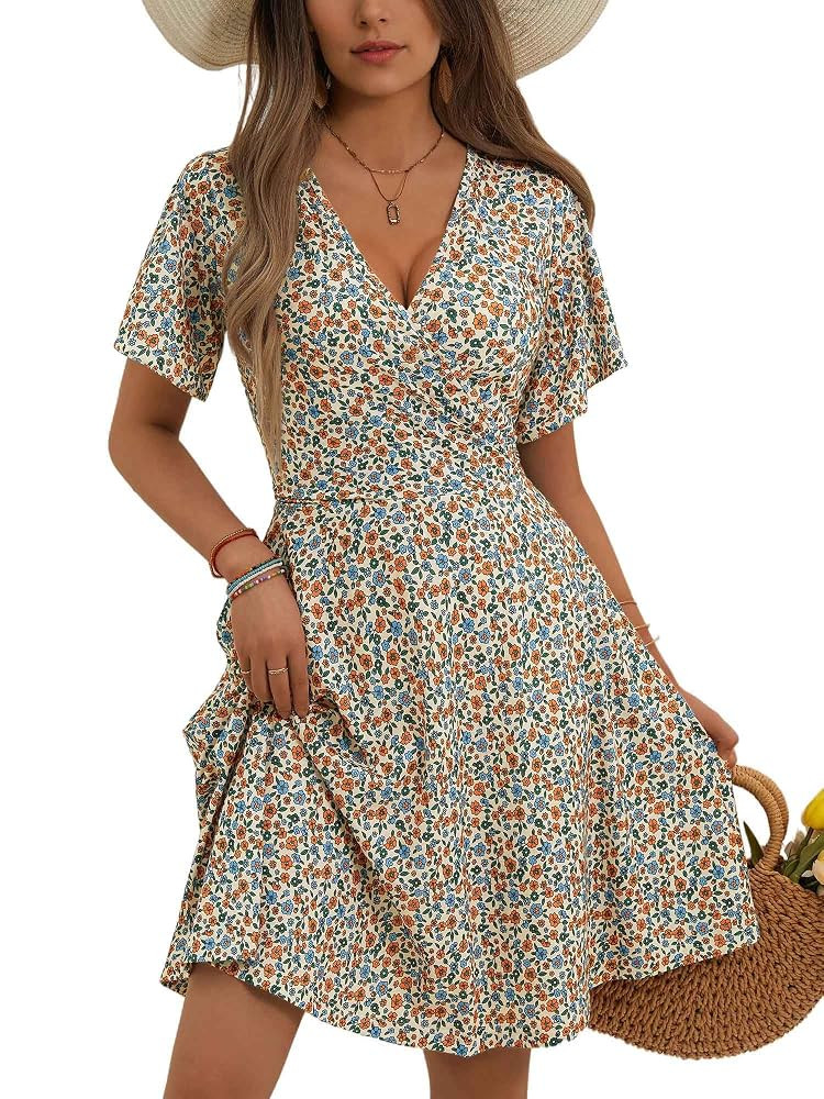 FENSACE Womens Sundress Summer Floral Short Sleeve Wrap V Neck A-Line Midi Dress | Amazon (US)
