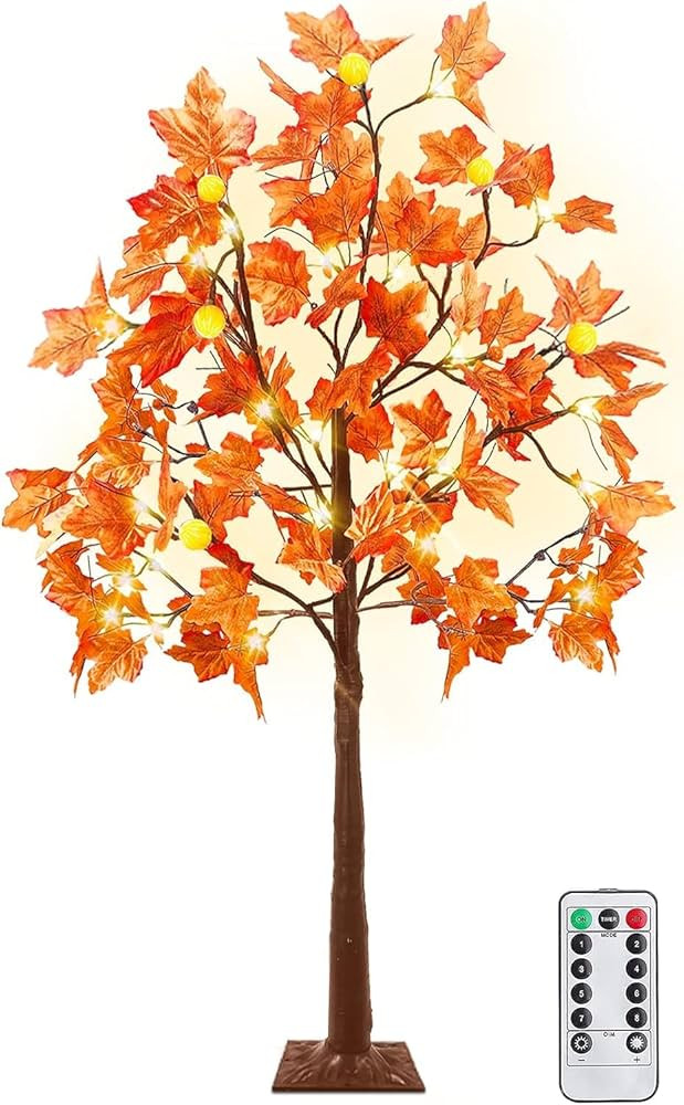 TURNMEON 4 Ft Prelit Lighted Maple Tree Fall Decor Timer Remote 48LED Included 6 Pumpkin Lights 8... | Amazon (US)