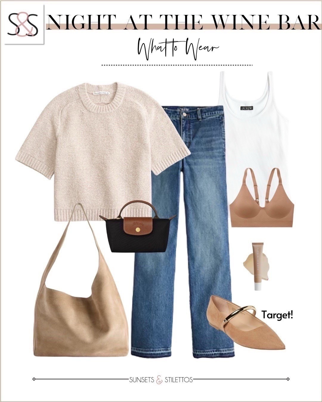 A cozy short-sleeve sweater and classic blue jeans make the perfect pairing for a relaxed night out. Add a simple white tank, neutral flats, and an oversized suede bag for an effortlessly chic look.

Sunsets and Stilettos casual wine bar outfit blue jeans neutral sweater fall style Target flats 

#LTKOver40 #LTKFindsUnder50 #LTKWorkwear