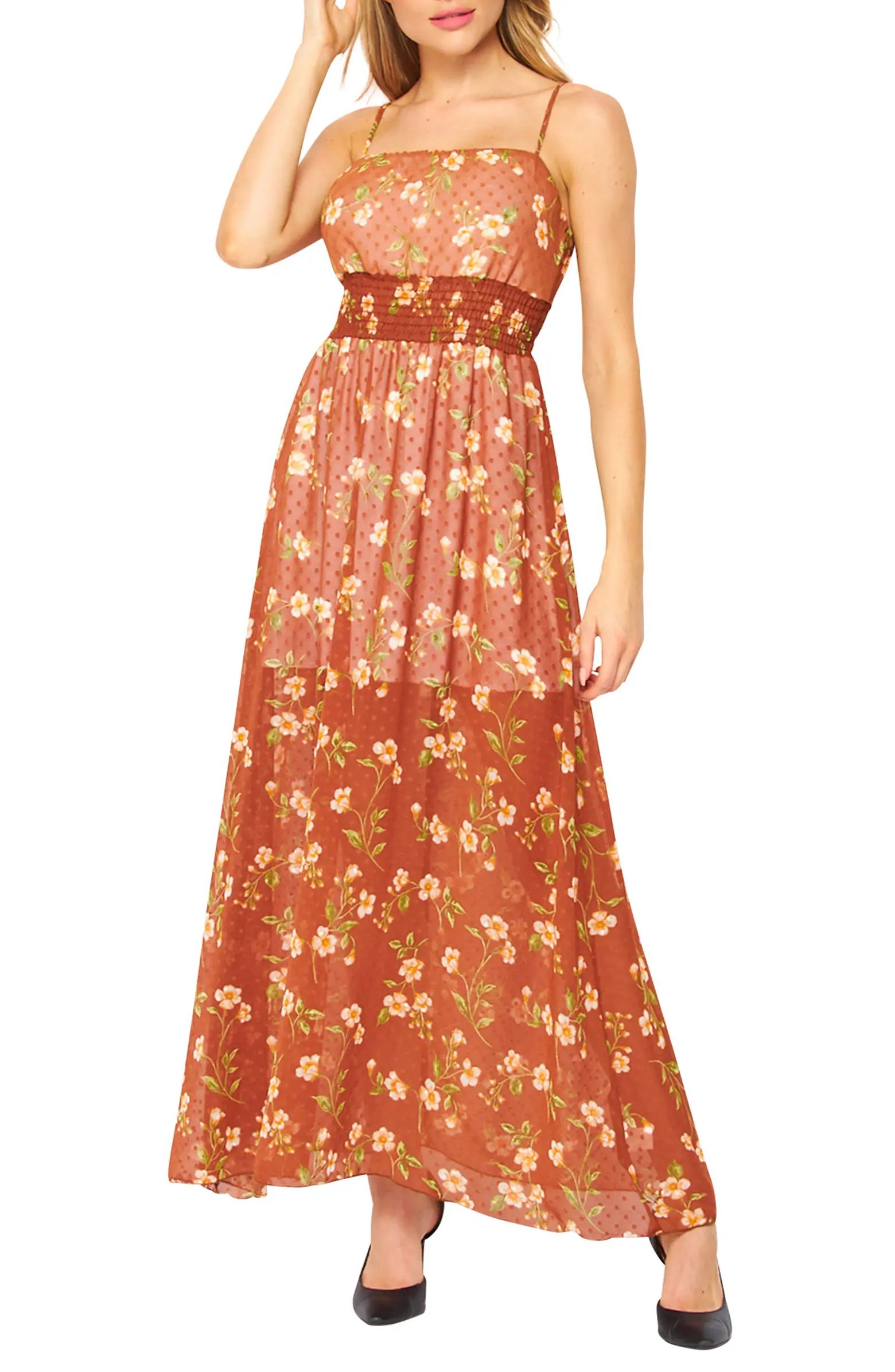 Floral Smocked Waist Dot Chiffon Midi Dress | Nordstrom Rack