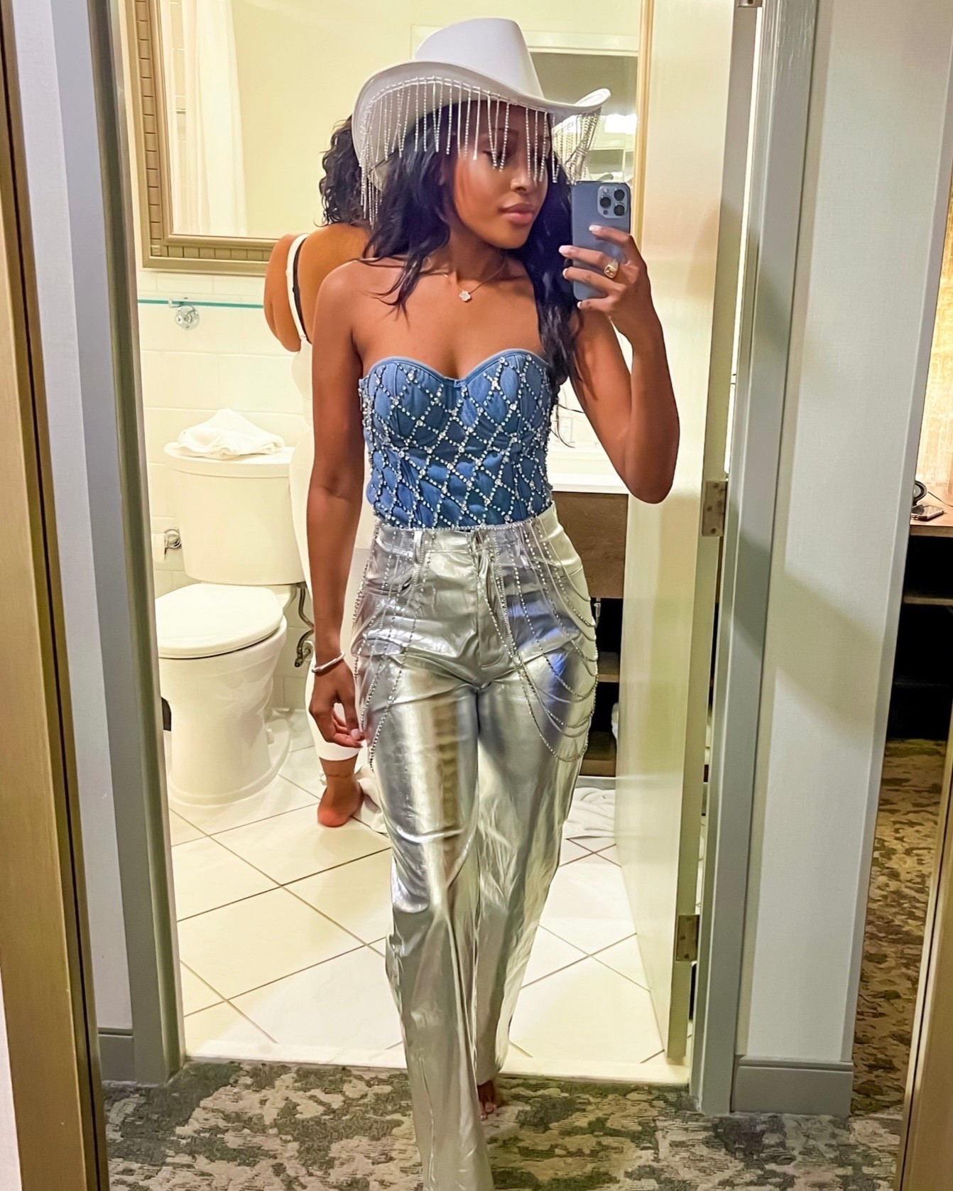 Denim corset! Rhinestone shirt and silver pants. Loved this combo! Metallic silver pants and chain belt! #CowboyCarter #CowboyCarterOutfit #Beyoncé

#LTKParties #LTKStyleTip #LTKFindsUnder50